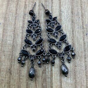 Monet Black Rhinestone Silver Tone Chandelier Beaded Stud Earrings